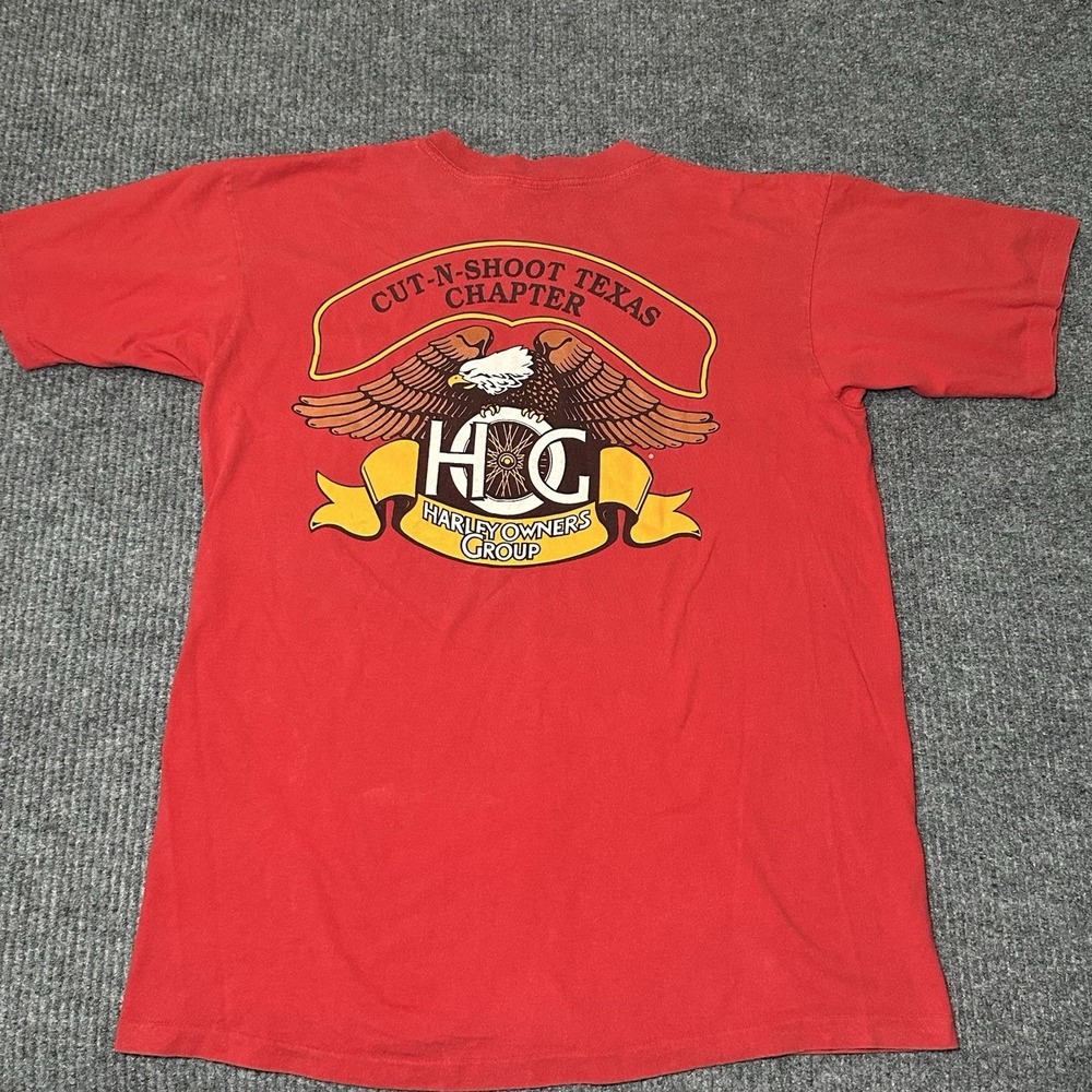 Vintage 90s Red  Single Stitch Harley Davidson Cut-N-Shoot, Texas Pocket Tshirt‎
